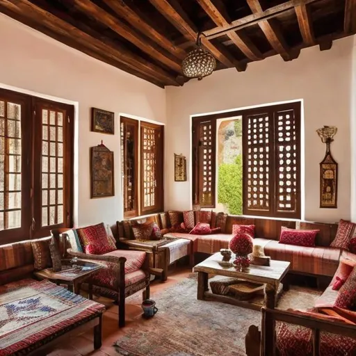 Prompt: kashmiri architectural mixed with spanish inspired interiors features with modern feel and with cottage core vibe living room