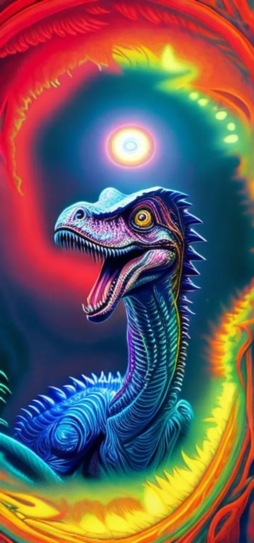 Prompt: Hypnotic illustration of a Velociraptor, hypnotic, psychedelic art, pop surrealism,mystical, Behance, 4k, 8k, UHD, professional, studio lighting, unreal engine