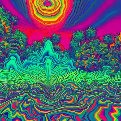 Prompt: I want a picture that gives happy trippy vibe. Make me a happy beach with a bit of psychedelic effect. 