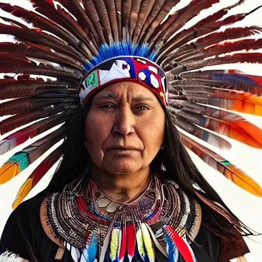 Prompt: Ojibwe warrior lady, Ogichidaawi,  Ogichidaa,  MI, detailed, aanji-bimaadizi, colorful, feathers, shells, award-winning CGI