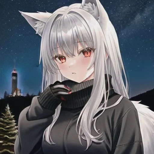 Prompt: Wolf girl with gray hair and red eyes around 15 years old in the woods at night cabin in the background in a black sweater blood stained sweater 