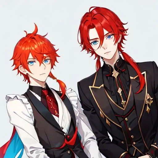 Prompt: Zerif 1male (bright Red side-swept hair covering his right eye) and Erikku 1male (short ginger hair, freckles, blue eyes) wearing black suits at a wedding