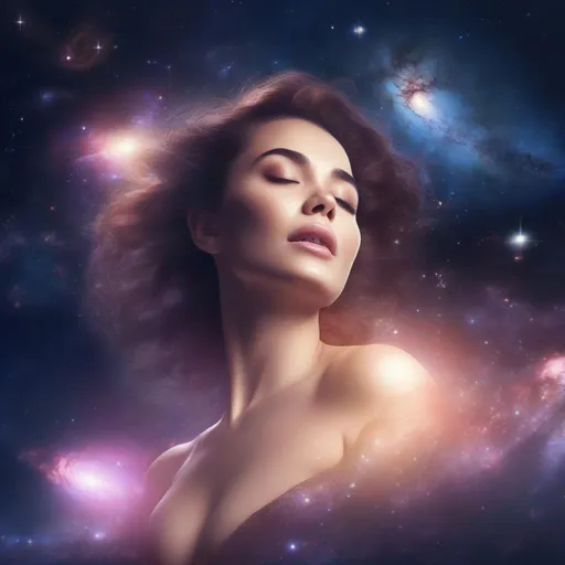 Prompt: fully detailed face, beautiful, hyper realistic, highly detailed full body image of a buxom woman, falling through space, galaxies, nebulas, stars