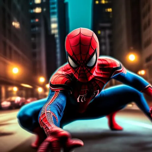 Prompt: photo of real life spiderman, looking at you mysteriously, cinematic lighting, outdoors, virbrant color scheme, background of the city, movie poster style,