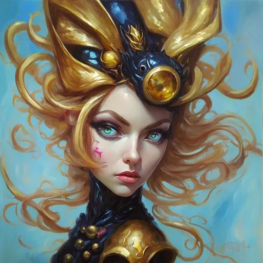 Prompt: oil painting, enormous huge eyes, beautiful evil elf queen, blonde hair, BLONDE hair, GOLDEN HAIR, Yellow hair