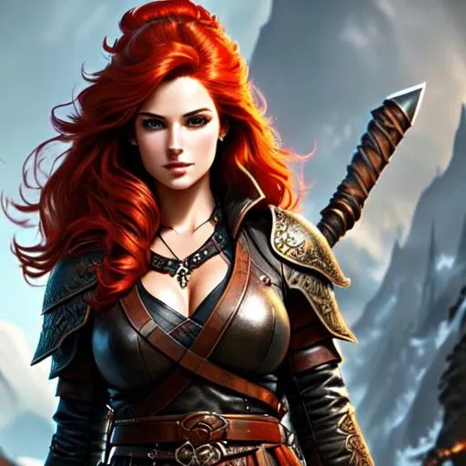 Prompt: Female human with long red hair, leather and cloth armour, glaive weapon in hand, barbarian, full body, dnd, fantasy, stoic,