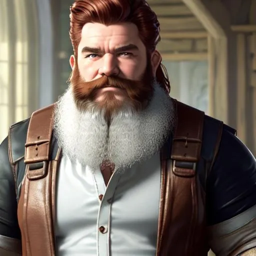 Prompt: oil painting, UHD, hd , 8k, hyper realism, Very detailed, A DnD short, muscular dwarf blacksmith man. Has short auburn hair & trimmed bushy beard, looks like he's had a lifetime of hard work while still youthful, and has intense, beady eyes. Wears a loose white shirt, dark pants, thick leather boots and a long leather blacksmith apron from around his neck. A large blacksmith hammer can be seen hanging from a loop on his belt.