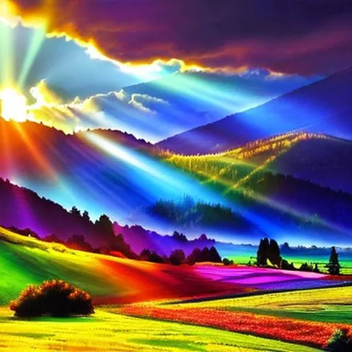 Prompt:  landscape in vivid colors, cool colors, sunrays