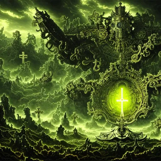 Prompt:  overlord anime highly detailed godly supreme being with big cross and scythe crystal, earth apocalypse, rhads, beeple, alphonse mucha, symmetric cross, clever global illumination, highly detailed and intricate environment, explosion of crystals, big cross symbol, luscious green forest, madhouse studio.