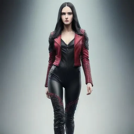 Prompt: young woman, long wavy black hair, light blue eyes, berry lipstick, red leather jacket, black body suit, black pants, knee-high black boots, 3D, fine-tuned, hyper-realistic, intricately detailed, detailed face, 16K, realistic, movie poster, chest