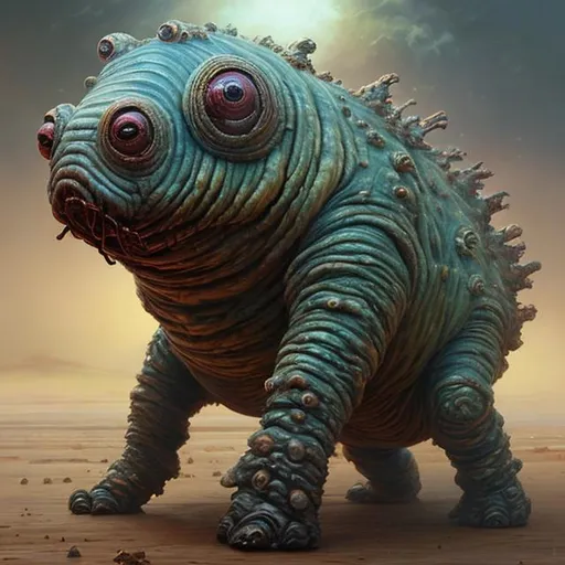 Prompt: "realistic painting of a tardigrade kaiju, with 6 legs in a desert storm, by james gurney, slime, big globule eye, godzilla, vintage, concept art, oil painting, tonalism, crispy"