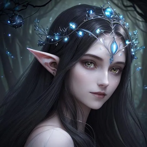 Prompt: Zoom in Portrait Very beautiful ethereal darkelf queen surrounded by many floating orbs of pale light (Masterpiece), long pointed elven ears, gentle eyes and smile, gentle sparks of light, black hair, (Masterpiece), in a dark forest,  very beautiful woman, fantasy, beautiful dancing pose, ominous forest background, realistic flowers and plants,, constellation-like design translucent see through Dress, in forest lovely dark purple hair, cinematic light, beautiful woman, beautiful eyes, long hair, perfect anatomy, very pretty, princess eyes, fantastic, stylised animation, bioluminescent, life size, 32K resolution, human hands, mysterious shape, graceful, almost perfect, dynamic angles, highly detailed, figure sheet, concept Art, smooth, symmetrical, balanced placement, fashion pose, 20s beauty, great hair, overhead space