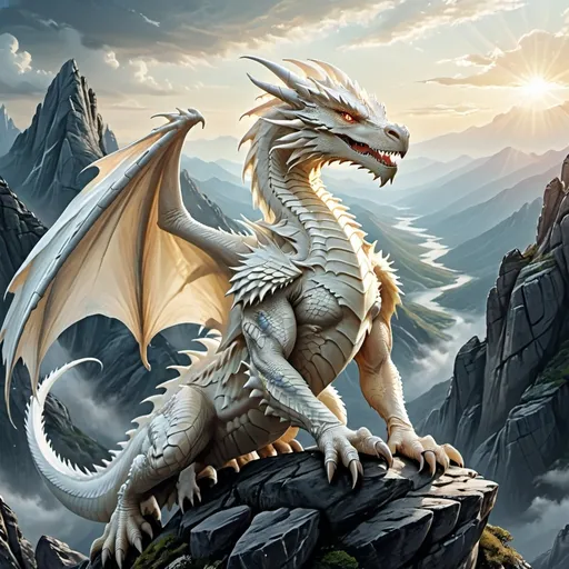 Prompt: majestic (white dragon), perched atop a rugged mountain summit, (stunning landscape), clouds drifting beneath, shimmering sunlight reflecting off the dragon's scales, dramatic atmosphere, breathtaking vistas, cool tones, high detail, ethereal ambiance, mystical aura, capturing the essence of strength and serenity, ultra-detailed, 4K quality.