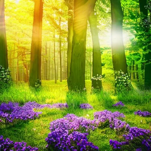 Prompt: realistic photo beautiful purple flowers in green forest landscape with dappled sunlight