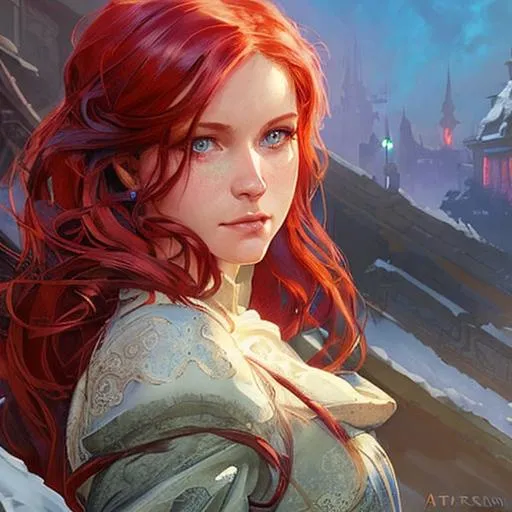 Prompt: realistic portrait of a dnd young woman baroness, D&D, red hair, blue eyes, highly detailed, concept art, smooth, art by artgerm and greg rutkowski and alphonse mucha and simon stalenhag, ambient lighting, fantasy, full view, close up to face, highly detailed face, dress, cute face, highly detailed face