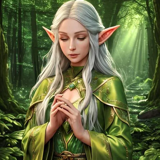 Prompt: (masterpiece, photorealistic, 8K, HDR:1.3), beautiful elven mage, (pointed ears, elegant features:1.2), casting a spell, (flowing silver hair:1.1), intricate green and gold robes, mystical forest, (shimmering arcane energy:1.25), sunrays, lush foliage, (ancient runes:1.15), ethereal atmosphere, vivid colors, (35mm lens, medium shot:1.1)