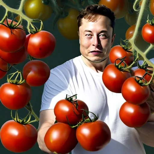 Prompt: Elon musk surrounded with tomatoes
