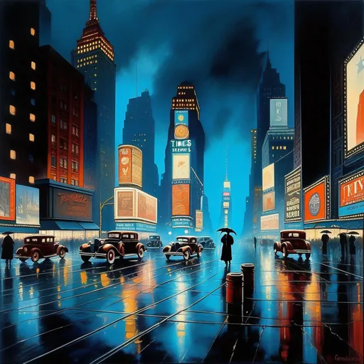 Prompt: 1930s, Times Square at night, creepy, rain, fog, cold blue atmosphere, cartoony style, extremely detailed painting by Greg Rutkowski and by Henry Justice Ford and by Steve Henderson 

