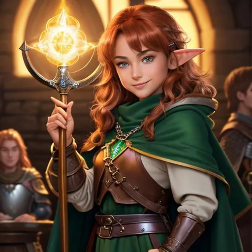 Prompt: oil painting, D&D fantasy, 23 years old lightly tanned-skinned halfling women, (tiny petite body), beautiful face, mischievous grin, long bright auburn with highlights hair, short small short pointed ears, mischievous grin looking at the viewer, cleric wearing chain mail shirt with a dark green cloak and casting a holy elemental spell #3238, UHD, hd , 8k eyes, detailed face, big anime dreamy eyes, 8k eyes, intricate details, insanely detailed, masterpiece, cinematic lighting, 8k, complementary colors, golden ratio, octane render, volumetric lighting, unreal 5, artwork, concept art, cover, top model, light on hair colorful glamourous hyperdetailed medieval city background, intricate hyperdetailed breathtaking colorful glamorous scenic view landscape, ultra-fine details, hyper-focused, deep colors, dramatic lighting, ambient lighting god rays, flowers, garden | by sakimi chan, artgerm, wlop, pixiv, tumblr, instagram, deviantart