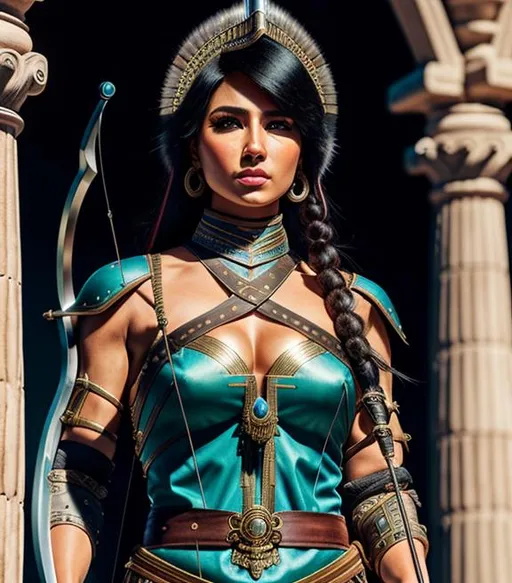 Prompt: Nikon D750, portrait of a {beautiful woman as an archer}, beautiful intricate armor, symmetrical, clothing, soft lighting, looking at camera, pillars and ruins in the distance, super detailed, intricately detailed long shot, super real photo, highly detailed face, lifelike, lifelike appearance, 8k UHD