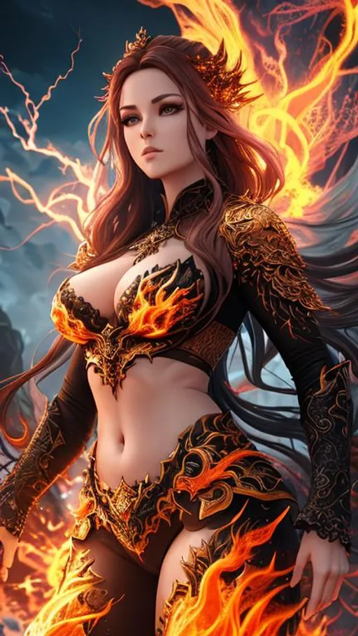 Prompt: Inimage, Splash art, create a fantasy scene with artstation, splash style of dark fractal paint, contour, hyperdetailed intricately detailed, unreal engine, fantastical, intricate detail, splash screen, complementary colors, fantasy concept art, Full Body, ((((Barely clothed)))) Nordic Fire Goddess engulfed in flames and lightning, 8k resolution, deviantart masterpiece, oil painting, heavy strokes, paint dripping, splash arts, ultra details