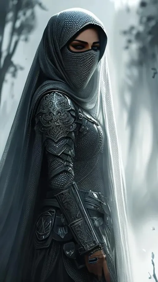 Prompt: hyper realistic and detailed painting of knight wearing burka with cool expression, intricate face, beautiful long hair, ultra HD 4k, battlefield background