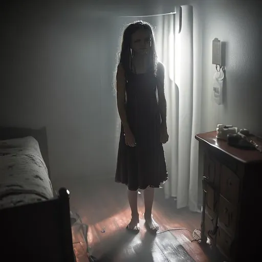 Prompt: In the eerie stillness of the night, a young woman named Lily awoke to a chilling whisper that crawled into her ears. Paralyzed with fear, she felt a presence lurking in the darkness of her room. As she mustered the courage to reach for the light switch, her hand trembled uncontrollably. With a flicker, the room was bathed in a feeble glow, revealing a ghastly figure standing before her—a decaying specter with hollow eyes and elongated fingers. Its raspy voice echoed through the air, "You cannot escape me, Lily. I've come for your soul." Cold terror gripped her heart as the nightmare unfolded before her eyes.