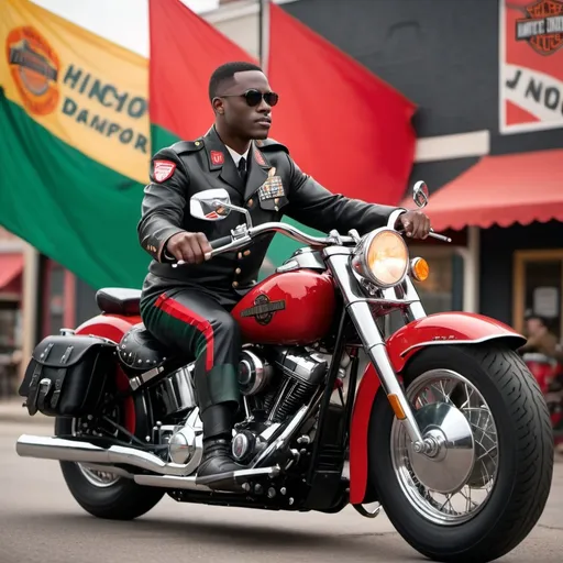 Prompt: A Black man in a black military uniform of 1920's with red, black and green stripes on collar on Harley Davidson Fatboy motorcycle.  With a red, black and green flag