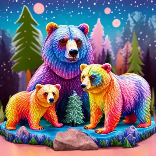 Prompt: Lisa frank style of bears in the forest diorama