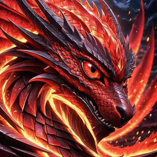 Prompt: yugioh-style anime, red-dragon, female draconic features, draconic features, detailed dragon scales, piercing dragon eyes, mythical ambiance, vibrant color tones, fantasy art style, ultra-detailed, scales, dragon eyes, mythical, dramatic lighting, fantasy art, volcanic environment