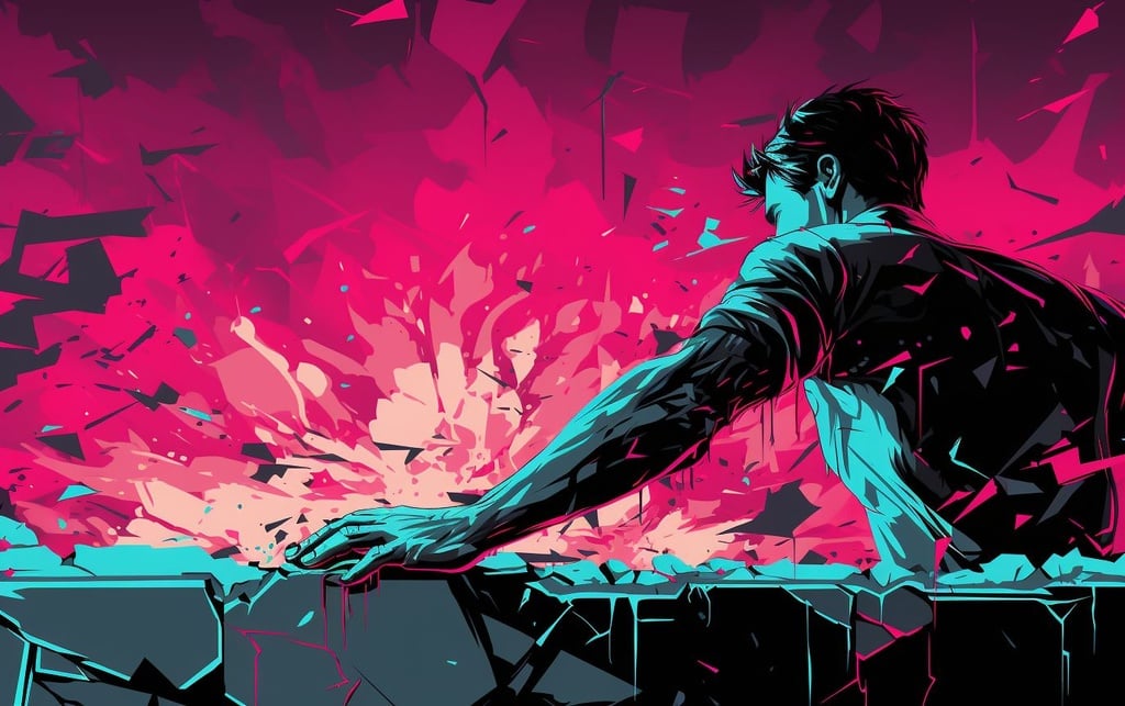 Prompt: a man with a hand breaking a wall, in the style of dark magenta and light cyan, abstraction-création, satirical illustrations, editorial illustrations