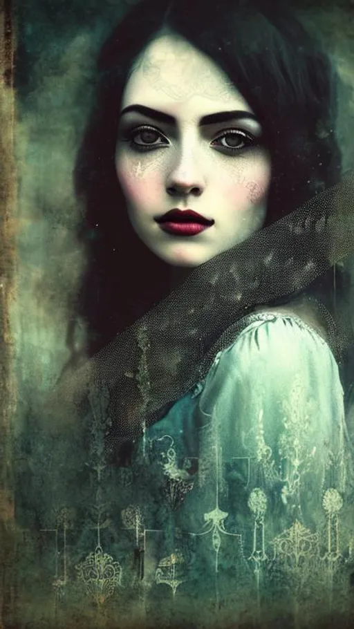 Prompt: A espetacular beautiful woman portrait by Rimel Neffati. 3/4 photo,  Intricate Ethereal gloomy background, elegant, intricate, beautiful, award winning, fantastic view, 4K 3D, high definition, hdr, focused 