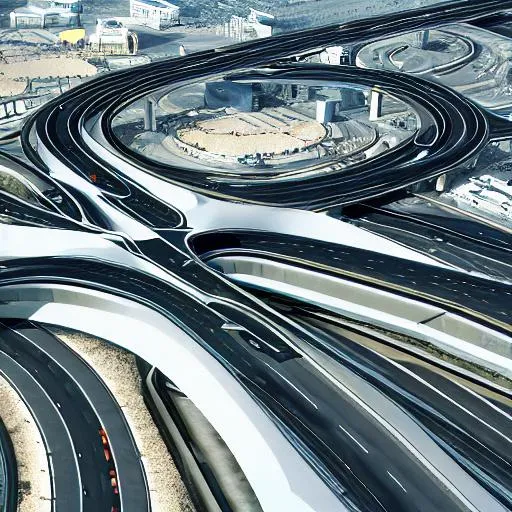Prompt: Hyper futuristic hyper intelligent roads inspired by Dubai infrastructure Ariel view