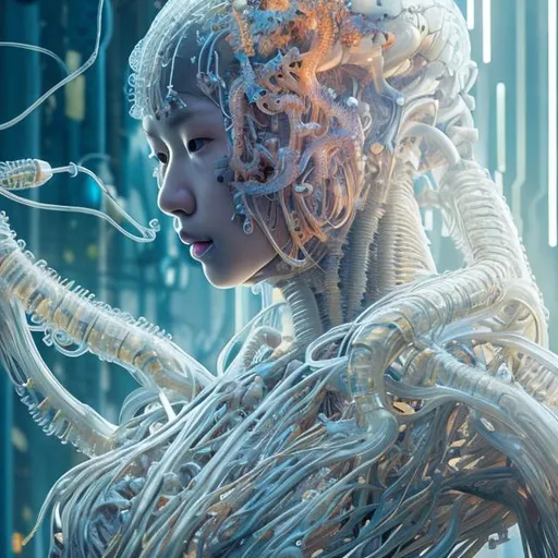 Prompt: "young asian woman, iris van herpen, beautiful face, perfect symmetrical body, full body shot, inflateble shapes, wires, tubes, veins, jellyfish, white biomechanical details, wearing epic bionic cyborg implants, masterpiece, intricate, biopunk, vogue, highly detailed, artstation, concept art, cyberpunk, octane render"