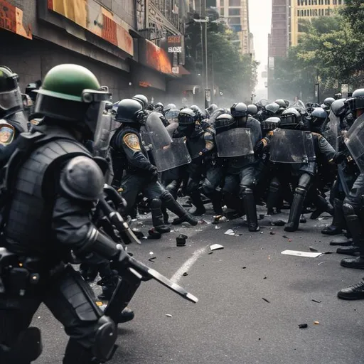 Prompt: crowd, riot, city, battle, police, riot shield wall, testudo