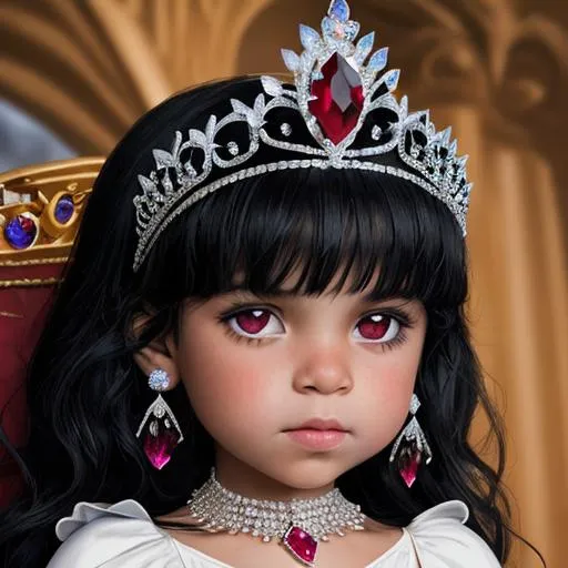 Prompt: A child princess with black hair wearing elaborate ruby and sapphire jewelry, fancy tiara, facial closeup