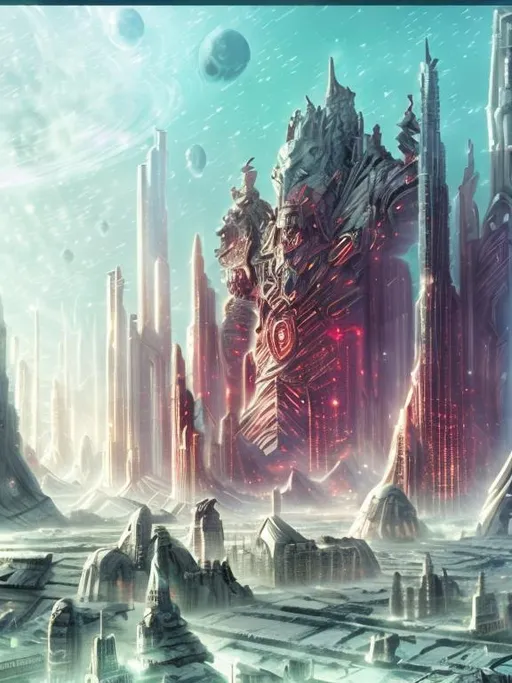 Prompt: Pagan architecture space city background. Warrior king in foreground.