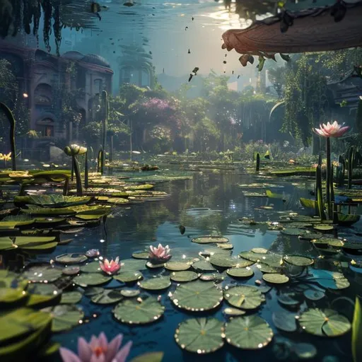 Prompt: under water pond, tadpoles, water lilies, ultra detailed, delicate details, perfect, depth, studio lighting, cinematic, unreal engine 5, 4K, very detailed, focused, colorful, cinematic lighting, canvas, artstation