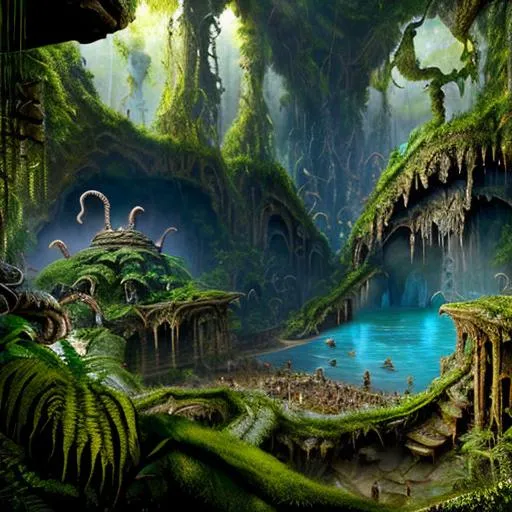 Prompt: Scenary of film Indiana Jones The Temple of Perdicion, videogame Rayman, hyperrealistic, photorealistic, ultra-detailed, intricate details, unreal engine, octane render, bioma of scarped mountain, cavern in the montain   and amazing forest,rocks and gigant green fern, lake , 4k. A vine covered tutor in the style of alexander jansson and gediminas pranckevicius mystical, magical, bloosom, volumetric lighting.