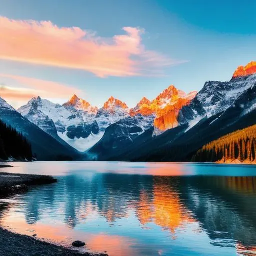 Prompt: Hyper-realistic beautiful scenery with sparkling water, sunset and beautiful mountains 