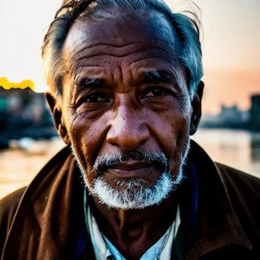 Prompt: a close-up of an old man's face illuminated by the light of a fire, with a backdrop of a dirty river and a shanty town