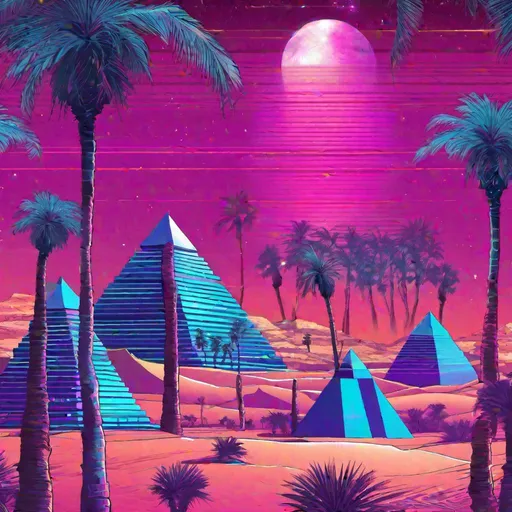 Prompt: vapor wave desert scene, pyramids, highly detailed, palm trees, night sky, synthwave retro art