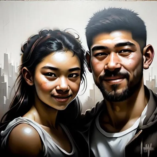 Prompt: Portrait of a smiling loving couple, perfect composition,chiaroscuro, hyperrealistic, super detailed, 8k, high quality, trending art, trending on artstation, sharp focus, intricate details, highly detailed, by greg Rutkowski, Ryan Hewett 

