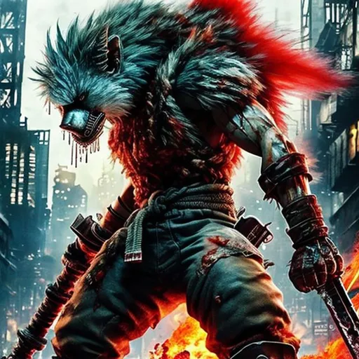 Prompt: Nanaki redxiii ffvii. 4k. Perfect hands. Perfect face. Full body. Imperfect, Gritty, Todd McFarlane. Bloody. Hurt. Damaged. Accurate. realistic. evil eyes. Slow exposure. Detailed. Dirty. Dark and gritty. Post-apocalyptic Neo Midgar .Futuristic. Shadows.