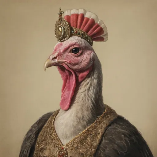 Prompt: A royal portrait of a turkey in crown and robe