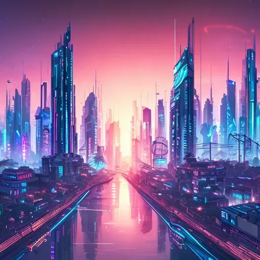 Prompt: "Create an NFT showcasing a futuristic cityscape at sunset, featuring towering skyscrapers, neon lights, and flying vehicles."