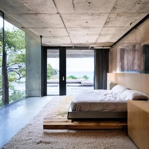 Prompt: brutalist architecture master bedroom with an Island. with lots of natural light