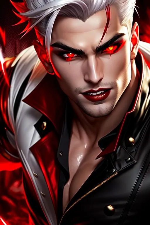 Prompt: ((best quality)) Splash art masterpiece of seductive masculine top-down crazy modern vampire man with ((hyperdetailed white silky hair)) and ((hyperdetailed bloodshot red eyes)) and beautiful hyperdetailed masculine attractive sharp face and nose and big lips, ((white skin)), red shy blush with grin, blood dripping down lips and body, red blood, backlit, ((intricately hyperdetailed yellow modern thin mesh suit)) with deep cleavage and visible abdominal muscles, abs, toned body, barely any clothing, mesh dress, ((seductive crazy grin face)), looking up at camera, standing jojo pose, looking down perspective, bokeh background, cinematic glamour lighting, backlight, action shot, intricately hyperdetailed, perfect face, perfect body, perfect anatomy, hyperrealistic, sharp focus, epic dark fantasy, glamour, volumetric studio lighting, triadic colors, occlusion, ultra-realistic, 3d lighting, beauty, sensual masculine romance, professional, sensual feminine, perfect composition, unreal engine 8k octane, 3d lighting, UHD, HDR, 8K, render, HD, trending on artstation, front view, (((huge breast))), ((sexy)) cleavage, fangs, Bride, Curse of Strahd, slutty, wounded, blood, vampire, fangs black leather, black latex