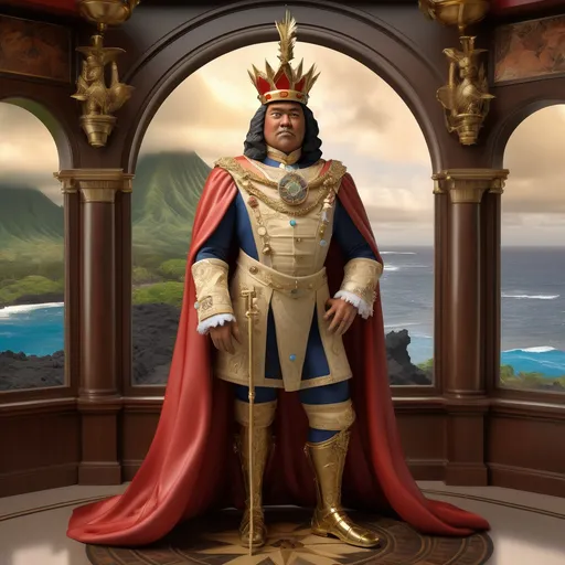 Prompt: "Photorealistic Hawaiian king in royal regalia blended with Victorian formal wear, traditional symbols with brass mechanical elements, ceremonial staff with hidden mechanisms, ancient protective amulets, standing in palace room with maps of stars and ocean currents, volcanic landscape visible through windows --ar 3:4 --s 1000"