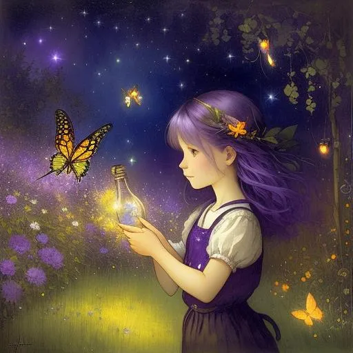 Prompt: very cute girl with purple hair chasing fireflies and butterflies in a colorful garden inside a lost transparent bottle resting in a backyard garden at night. Starry moonlight night. Art by Jean Baptiste monge, catrin Welz-Stein, artgerm and van Gogh.